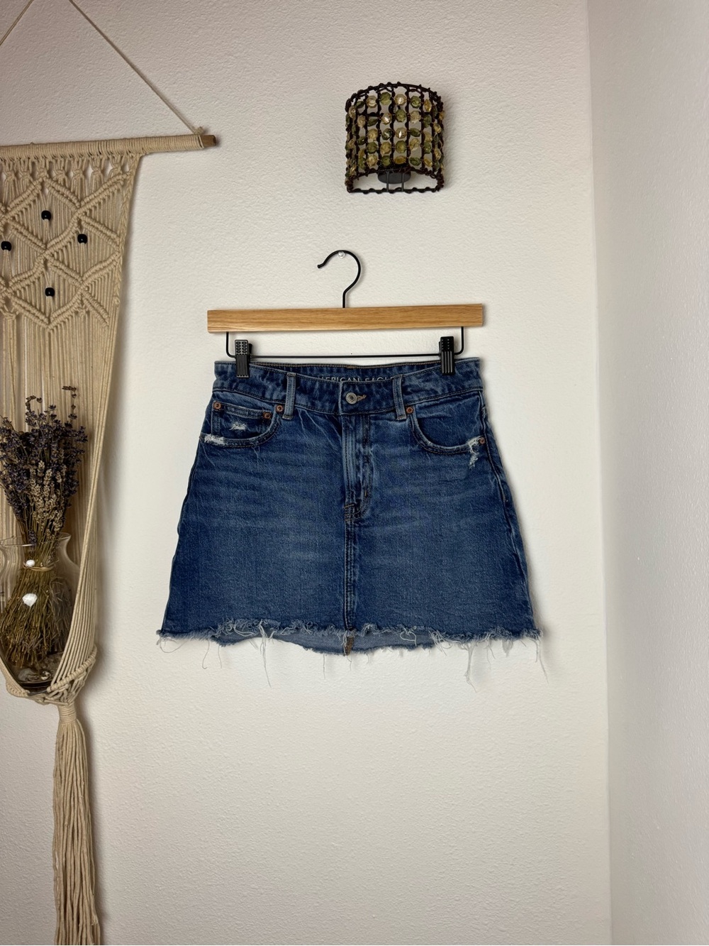 American Eagle Outfitters Dark Blue Distressed Denim Mini Skirt